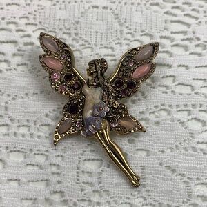 Vintage Gold and Pink Fairy Brooch Pin with gems